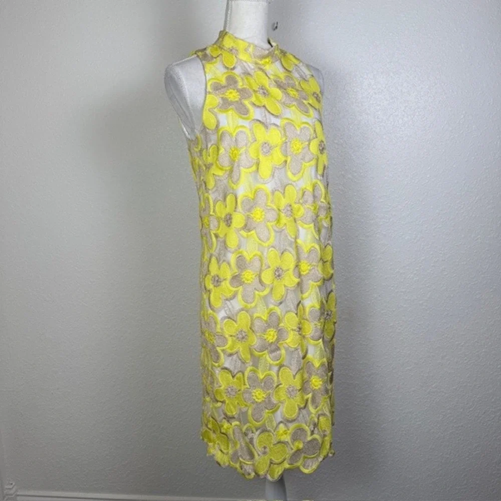 NWT Laundry by Shelli Segal Sunray Dress Floral Embroidery Yellow Taupe White 8‎